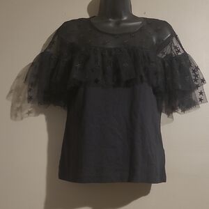 J. Crew Black Star Mesh Ruffle Blouse Size M